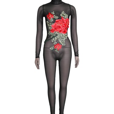 Black Mesh Floral One Piece Bodycon Sheer CatSuit Small Evening wear Jumpsuit Sexy CockTail Party Evening Wear Lingerie Bodysuit Long Sleeve 