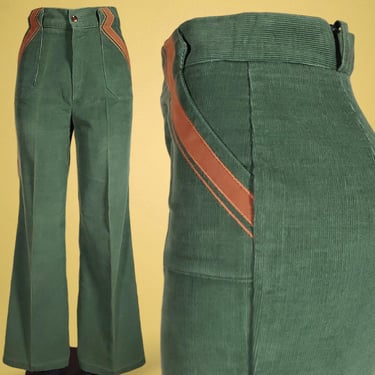 Vintage 1970s corduroy pants wide leg bells high rise lightning zig zag details army olive green Talon zip unique novelty (28) 