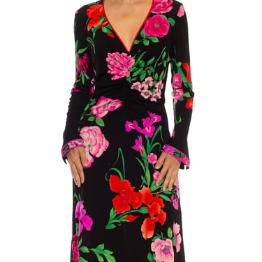 1980S Leonard Black  Pink Polyester Jersey Front Ruched Floral Dress 
