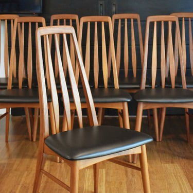 Eight Danish teak "Eva" dining chairs by Koefoed Hornslet w/black leather seats 
