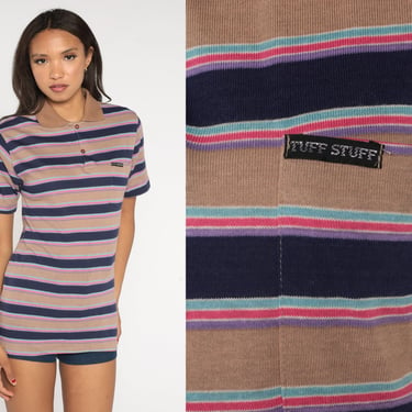 Striped Polo Shirt 80s Collared Shirt Brown Navy Blue Pink Stripes Half Button Up Top Retro Preppy Collar Vintage 1980s Small Medium 