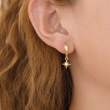 E179 star huggie earring, starburst huggie earring, star hoop, star hoop earrings, celestial earrings, dangle earrings, starburst earrings 