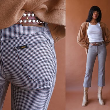 Vintage 70s Plaid Lee Pants/ 1970s Brown White Flared Pants/ Size XS Small 