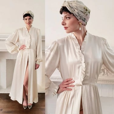 1930s Cream Silk Robe Evening Lounger Ruffled Collar and Cuffs / 30s Boudoir Old Hollywood / Large /Laurentine 