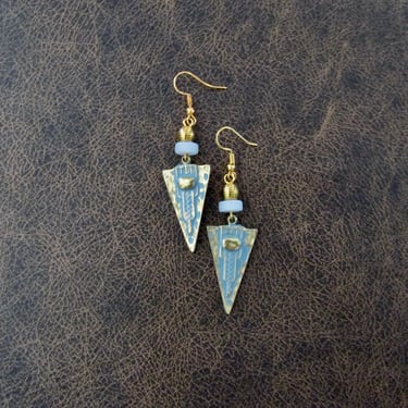 Brutalist earrings, blue patina and gold earrings, triangle earrings, etched gold modern, bold earrings, industrial statement earrings 