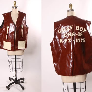 1970s 1980s Burgundy and White Vinyl Novelty Veterans Motorcycle Club Womens Western Style Gray Boy Vest -XL 
