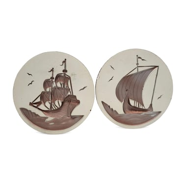 1960s Vintage Pirate Ship Wall Plaques, MCM Fisherman Coastal Nautical Chalkware, Ocean Beach Island House, Mid Century Modern Home Decor 