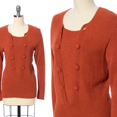 Vintage 1930s Sweater | 30s Burnt Rust Orange Knit Rayon Art Deco Buttoned Long Sleeve Pullover Top (x-small/small) 