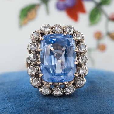 16.44 Carat Ceylon Sapphire & Rose-Cut Diamond Ring