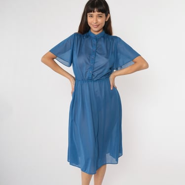 70s Semi-Sheer Midi Dress Blue Flutter Sleeve Shirtdress Button Up Dress Secretary Dress High Waisted Dress Boho 1970s Vintage Small Medium 