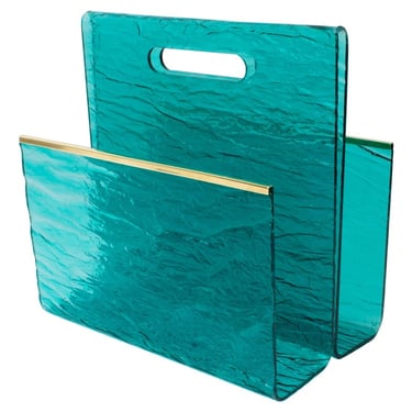Willy Rizzo Style Ice Effect Turquoise Lucite and Brass Magazine Rack, 1970s