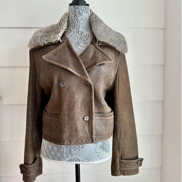 Vintage Cropped Brown Leather Jacket with Removable Shearling Fur Collar Banana Republic 