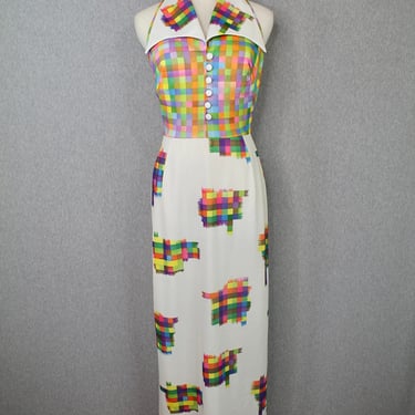 1970s Miss Jane Miami, Mel Warshaw Maxi, Hostess Dress - Pastel Plaid - Patchwork Maxi - Halter Dress - Spring Dress - Spring Pastels 