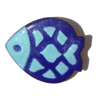 Vintage 60s Copper Fish Pin Blue Enameled Novelty Brooch 