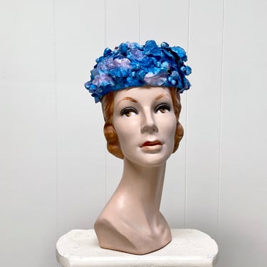 Vintage 1960s Whimsical Pillbox Hat, 60s Blue-Lilac Ombré Velveteen Leaves and Berries, Mid-Century Spring/Summer Fashion 