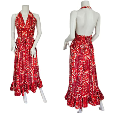 1970's Red Cotton Hawaiian Halter Dress I Tapa Print Dress I Sz Sm I Maxi Dress 