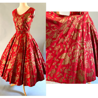 Lovely Vintage 1950s Mexican Painted Red & Gold Party Dress with Full Circle Skirt -- size Small / Medium 
