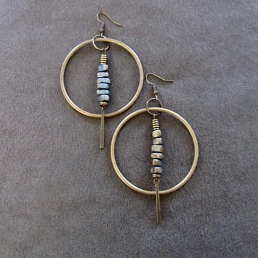 Bronze hoop and teal nugget earrings 