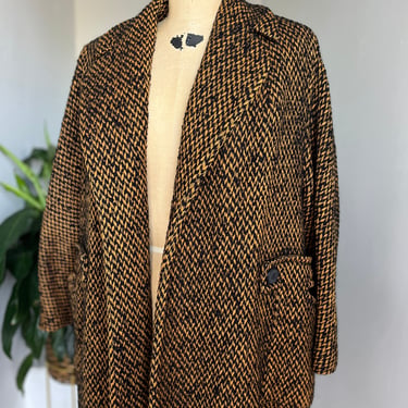 Winter Brown and Black Flecked Wool Warm Full Length Swing Coat Vintage 1950s Great Details 