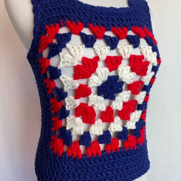 70’s crocheted sweater Tank top style groovy bold colorful fitted cropped knit sweater vest style size S/M 