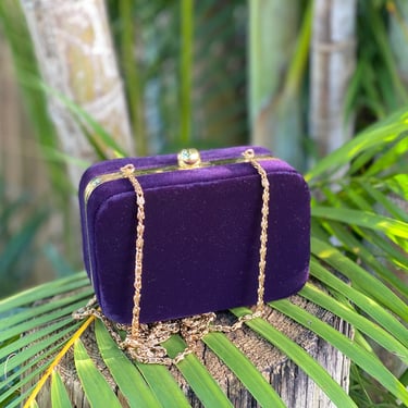 Vintage Box Purse / Purpley Velvet Purse / Crossbody Handbag w Long Gold Chain / Béchamel Nineties Cute Box Bag / Nineties Minimal Handbag 