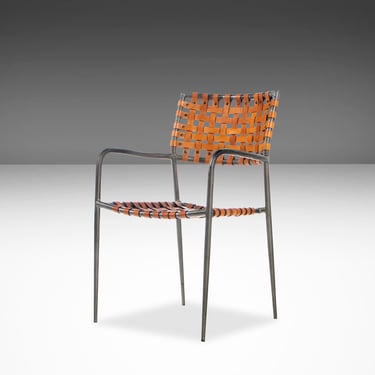 Italian Modern Patinaed Metal and Leather Strap Armchair / Desk Chair / Side Chair, Italy, c. 1970s 