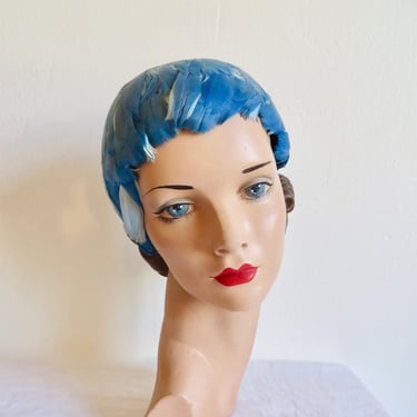 1950's Blue Feather Party Cloche Style Hat Skull Cap 50's Mod Formal Party Millinery Valerie Modes 