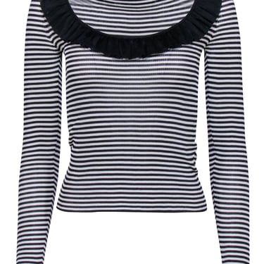 Valentino - Black & White Stripe Ribbed Knit w/ Ruffle Neck Sz M