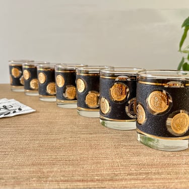Vintage Gold Coins and Black Old Fashioned Glasses by Libbey Glass Company - Retro Barware 