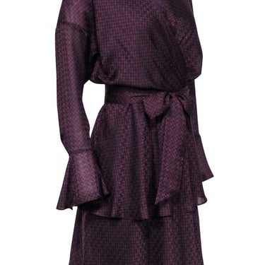 Joie - Plum Purple & Black Houndstooth Print Ruffled Dress Sz S