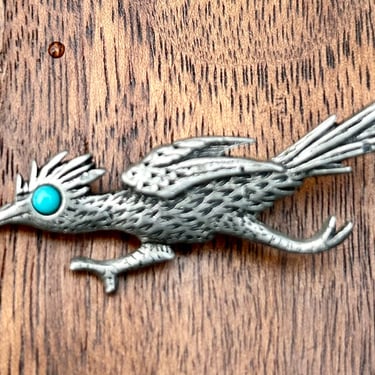 Vintage Pewter Roadrunner Pin Brooch Turquoise Eye J Ritter Mid Century 1960s 1970s Retro Style Fashion Western Southwest 