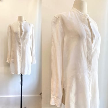 Vintage LINEN Tunic Blouse Shirt / MAX MARA / White Puro Lino / Collarless / Made in Italy / M 