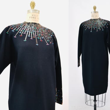 80s 90s Vintage Black St John Dress Metallic Rhinestone Knit Dress St John Evening// Black Rhinestone Party Sweater Knit Dress Medium Large 