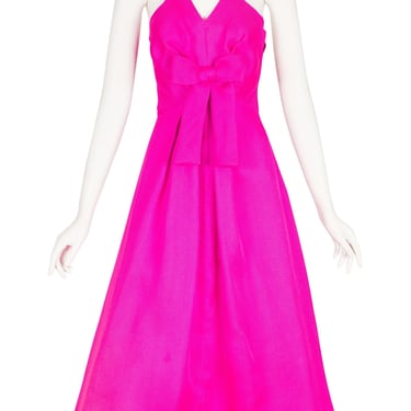 Arnold Scaasi 1980s Vintage Shocking Pink Woven Silk Evening Gown Sz XXS 