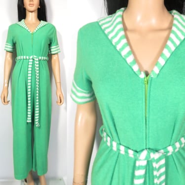 Vintage 70s Bright Slime Lime Green Terry Cloth Jumpsuit Size S/M 