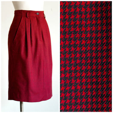 Vintage Red and Black Houndstooth Wool Sheath Skirt 