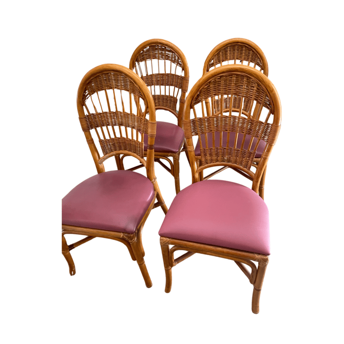 Peacock Medallion Bentwood Rattan Dining Chairs With Pink Cushions -Set/4