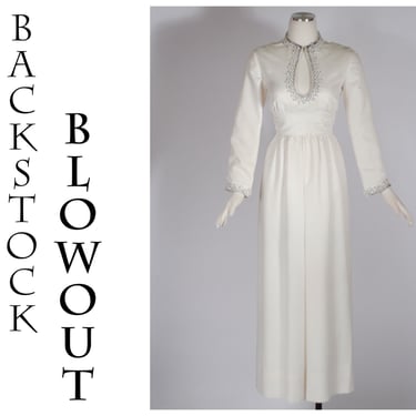 4 Day Backstock SALE - Size Small - Killer Dynasty 1960s White Beaded Wedding Palazzo Jumpsuit - Item #97 