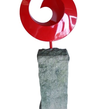 Contemporary Modern Red Metal Swirl Circle on Stone Base Sculpture 