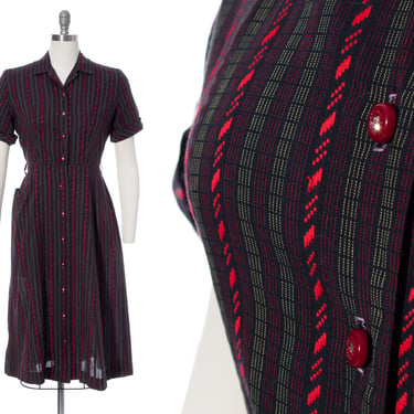 Vintage 1950s Shirt Dress | 50s Striped Cotton Black Red Button Up Sheath Wiggle Dress with Pocket (medium) 