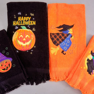 Vintage Halloween Towels (Lot of 4) Orange & Black Jack O' Lanterns, Flying Witch 