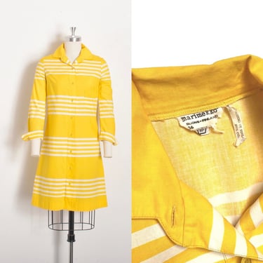Vintage 1970s Dress / 70s Marimekko Striped Cotton Shirtdress / Yellow White ( small S ) 