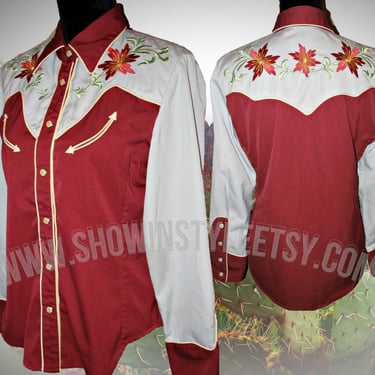 Vintage Retro Women's Cowgirl Western Shirt by Scully, Rodeo Queen Blouse, Embroidered Burgundy Flowers, Tag Size Small (see meas. photo) 
