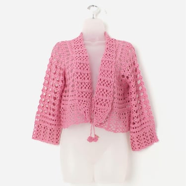 Y2K vintage pink crochet cropped cardigan with tie front - Medium 