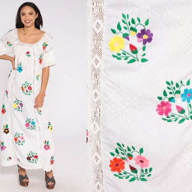 Floral Mexican Dress Embroidered Caftan 70s Boho White Lace Sheer Cutout Hippie Maxi Dress Cotton Kaftan Bohemian Vintage Medium 