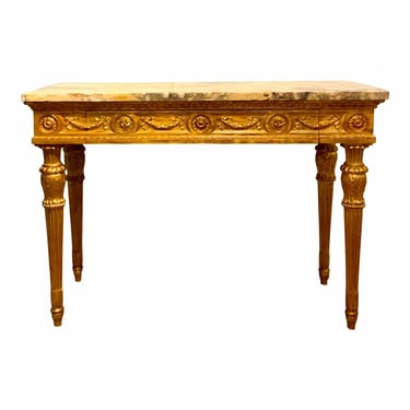 Transitional Vintage Italian Marble and Gold Gilded Carved Wood Console Table