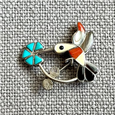 Vintage Zuni Pueblo Hummingbird and Flower Pin in Silver and Inlaid Stone and Abalone shell 