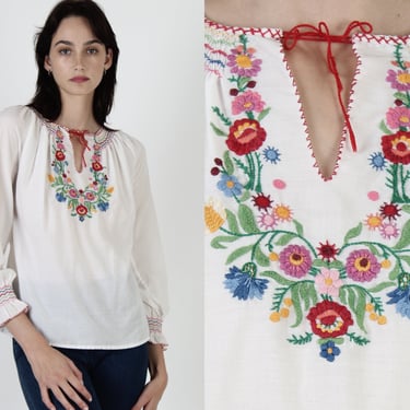 Vintage 70s Hungarian Blouse / Thin White Style Folk Blouse / Long Sleeve Peasant Scandanavian Floral Embroidered Smocked Prairie Ethnic Top 