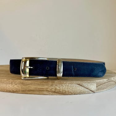 Vintage 90s Talbots Blue Genuine Suede Leather USA Made Gold Buckle Belt Size M 