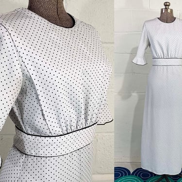 Vintage White Polka Dot Dress 3/4 Sleeves Alternative Wedding Ruffle Rockabilly Maxi A-Line Black 1980s 80s Small 
